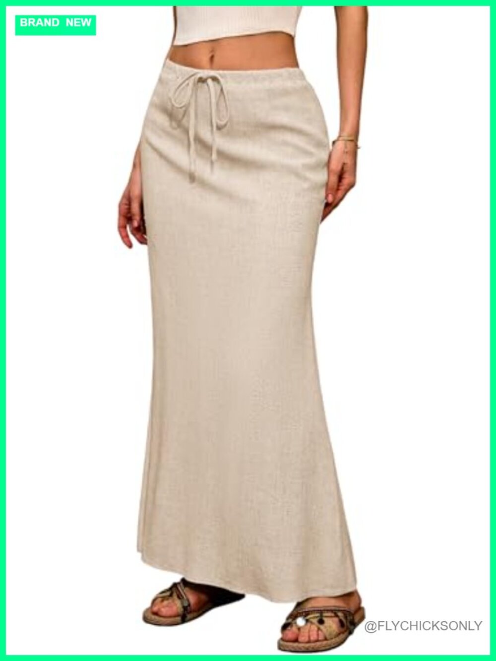 Linen Blend Flared Maxi Skirt Ankle Length Drawstring Summer